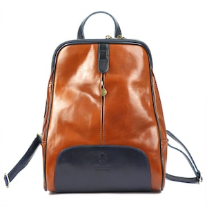Camel Navy blue Italian Leather Backpack for Women | Handmade Genuine Leather Bag | Florence Style | Minimalist Design | Made in Italy