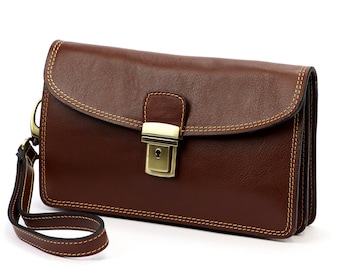 Men’s Leather Clutch Bag | Genuine Leather Handbag | Brow Men’s Pouch with Wrist Strap | Elegant Evening & Business Clutch