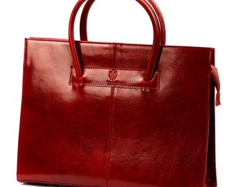 Red Genuine Leather Briefcase Fits A4 Laptop Office Bag Handcrafted Italian Work Tote with Shoulder Strap