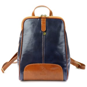 Navy Blue Camel Italian Leather Backpack for Women | Handmade Genuine Leather Bag | Florence Style | Minimalist Design | Made in Italy