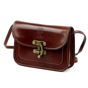 Dabbed brown Florence Italian Leather Crossbody Bag – Small Genuine Leather Shoulder Purse – Elegant Vintage Style Handbag for Women