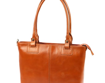 Camel Leather Shoulder Bag – Italian Style Handbag with Long Strap – Genuine Leather Tote for Women – Classic Elegant Purse