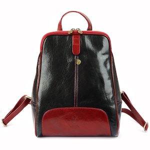Black Red Italian Leather Backpack for Women | Handmade Genuine Leather Bag | Florence Style | Minimalist Design | Made in Italy