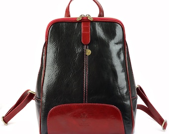 Mochila de cuero italiana hecha a mano: estilo Florencia negro y rojo