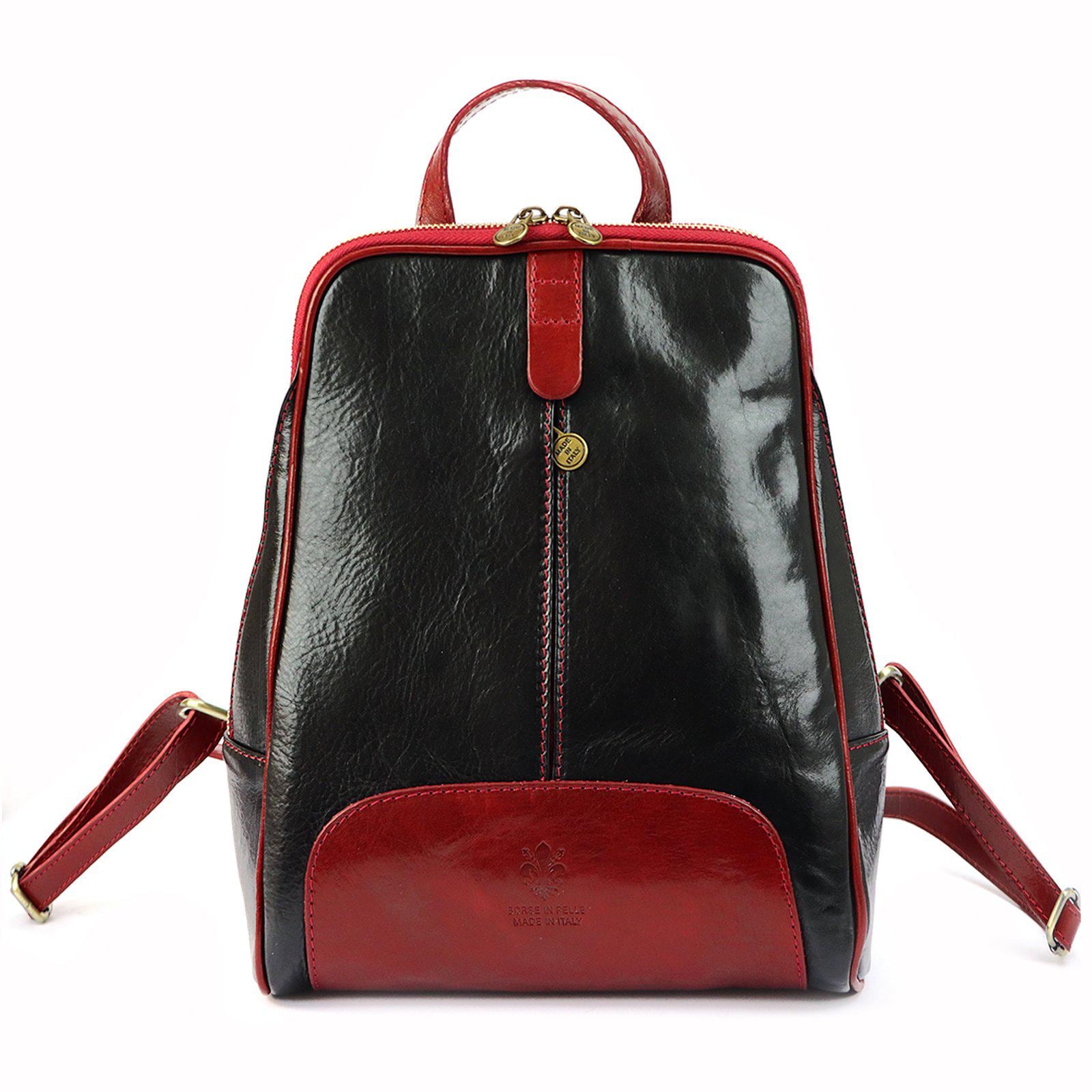 Handmade Italian Leather Backpack: Black & Red Florence Style