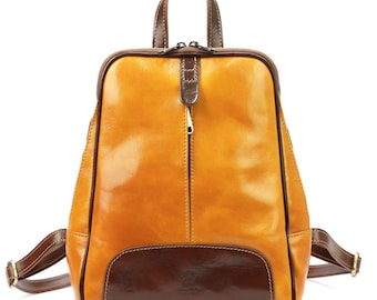 cognac yellow leather backpack Elsa Basketweave painted edges Unisex Leather Rucksack Convertible Cross