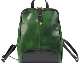 Green & Black Italian Leather Backpack: Handmade Florence Style