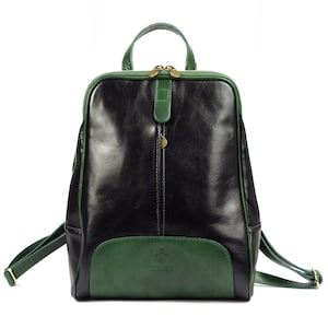 Black Green Italian Leather Backpack for Women | Handmade Genuine Leather Bag | Florence Style | Minimalist Design | Made in Italy