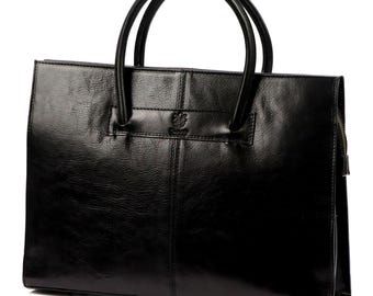 Black Genuine Leather Briefcase Fits A4 Laptop Office Bag Handcrafted Italian Work Tote with Shoulder Strap