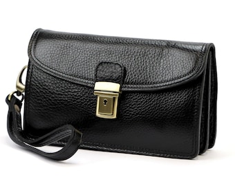 Men’s Leather Clutch Bag | Genuine Leather Handbag | Black Men’s Pouch with Wrist Strap | Elegant Evening & Business Clutch