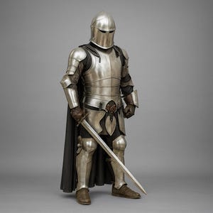 May include: A complete set of medieval armour in polished silver, including a helmet, chest plate, and leg guards. The armour is worn over a black garment and a black cape. A long sword is held in the right hand.