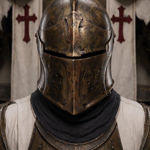 Peut inclure: Un casque en m&eacute;tal de couleur bronze avec une cr&ecirc;te centrale et une fente horizontale pour la visi&egrave;re, dot&eacute; de petits trous de ventilation sur les c&ocirc;t&eacute;s. Le casque est port&eacute; sur un cache-cou en tissu noir et une tunique blanche &agrave; croix rouges.