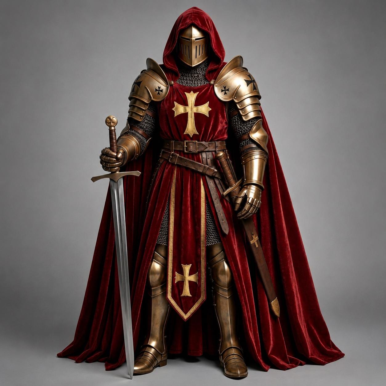Medieval Knight Armor Suit with Hooded Velvet Cape Handcrafted Templar Crusader Costume LARP Cosplay Renaissance Battle Halloween Gift