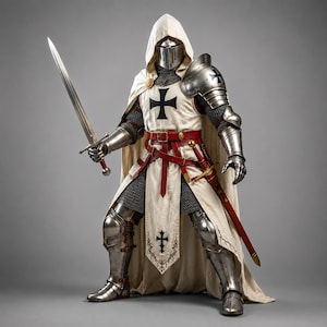 May include: A suit of polished steel plate armour featuring a chainmail coif and hauberk, worn under a cream-coloured hooded tabard with a black cross emblem. The armour includes a metal helmet, red leather belts, and a long sword with a steel blade.