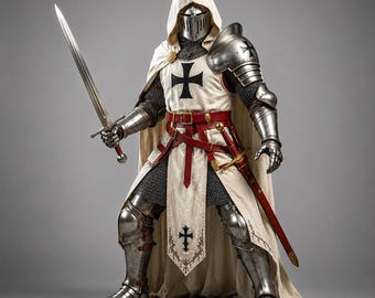 Puede incluir: Una armadura de placas de acero pulido con cota de malla, vestida bajo un tabardo con capucha de color crema y un emblema de cruz negra. La armadura incluye un casco de metal, cinturones de cuero rojo y una espada larga con hoja de acero.
