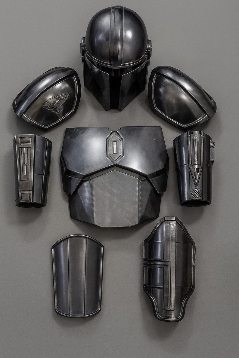May include: A set of metallic gray Mandalorian armor pieces, including a helmet, shoulder pads, chest plate, and arm guards. The armor has a weathered appearance, suggesting battle use. The pieces are arranged on a gray background.