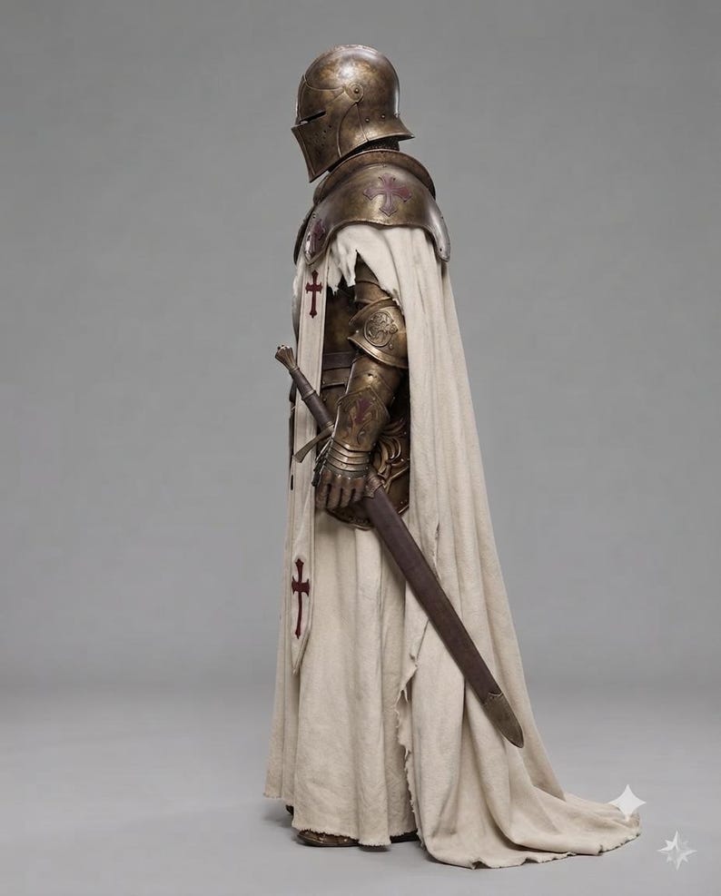 Peut inclure: Une armure en m&eacute;tal de couleur bronze au style antique comprenant un casque int&eacute;gral, des &eacute;pauli&egrave;res et des gantelets. L'armure est port&eacute;e avec une longue tunique et une cape en tissu blanc cass&eacute;, orn&eacute;es de croix rouges, et une &eacute;p&eacute;e au fourreau.