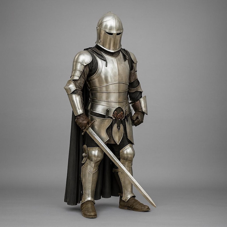 May include: A complete set of medieval armour in polished silver, including a helmet, chest plate, and leg guards. The armour is worn over a black garment and a black cape. A long sword is held in the right hand.