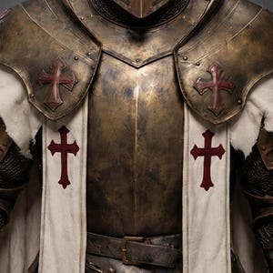 Peut inclure: Une armure en m&eacute;tal aux tons bronze antique comprenant un casque, des &eacute;pauli&egrave;res avec des croix rouges en relief et un tabard en tissu blanc orn&eacute; de deux embl&egrave;mes de croix rouges verticaux. L'armure pr&eacute;sente des d&eacute;tails en cotte de mailles.