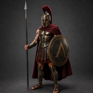 May include: A warrior costume featuring a bronze-toned metal breastplate, greaves, and a Corinthian-style helmet with a tall red crest. The ensemble includes a long dark red cape, a circular shield with a large Greek letter Lambda, and a long spear.