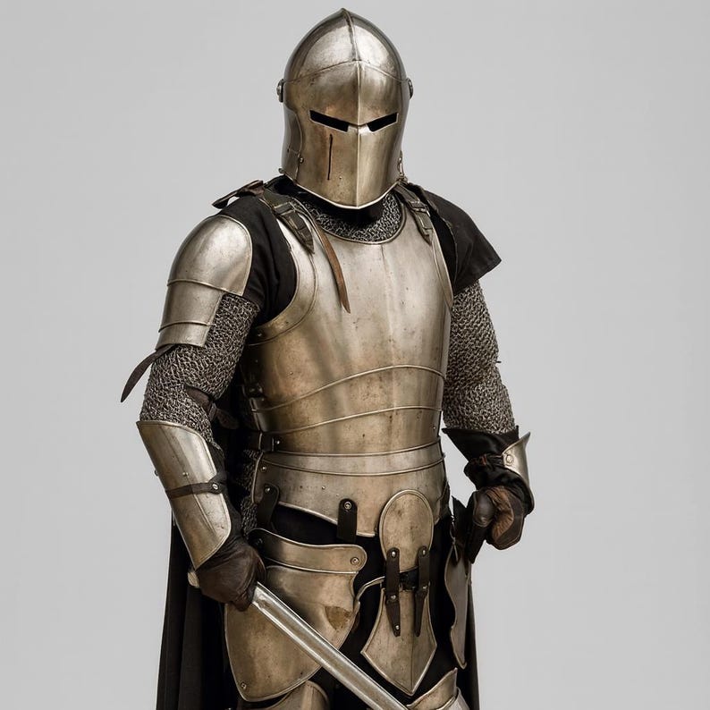 May include: A complete set of medieval armour, including a helmet, chest plate, and arm and leg protection. The silver-coloured armour is worn over a black garment and chainmail. The person is holding a sword.