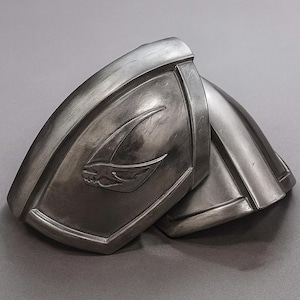 May include: Two silver-colored shoulder armor pieces. Each piece has a curved, shield-like shape with a raised border. A stylized bird or dragon emblem is embossed on the front of each piece. The armor is likely for cosplay or costume use.