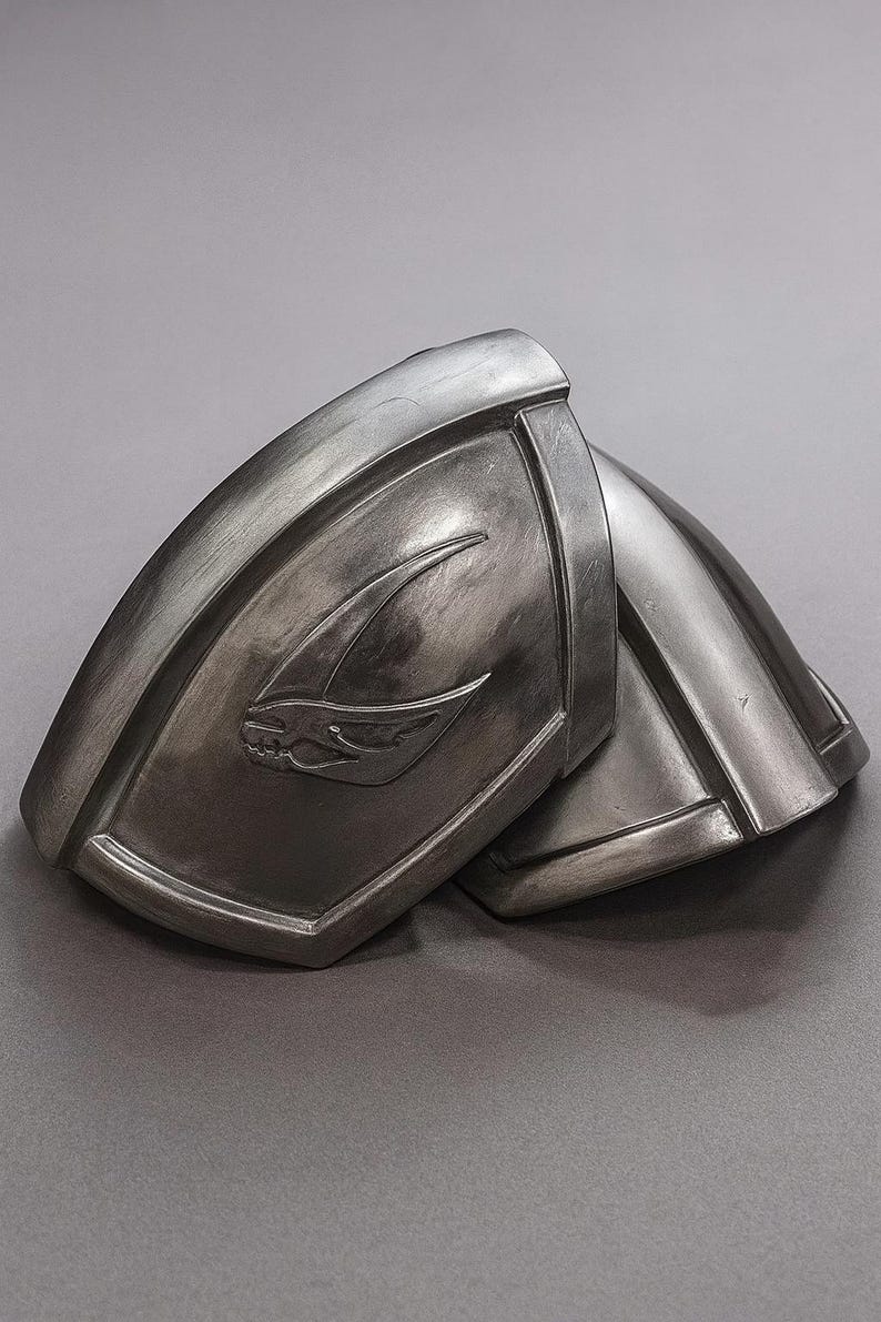 May include: Two silver-colored shoulder armor pieces. Each piece has a curved, shield-like shape with a raised border. A stylized bird or dragon emblem is embossed on the front of each piece. The armor is likely for cosplay or costume use.