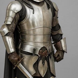 May include: Silver-coloured medieval armour with articulated plates, including chest, shoulder, and arm protection. The armour is worn over a dark garment, with chainmail visible at the sleeves. A sword is held at the waist, and the gloves are brown.