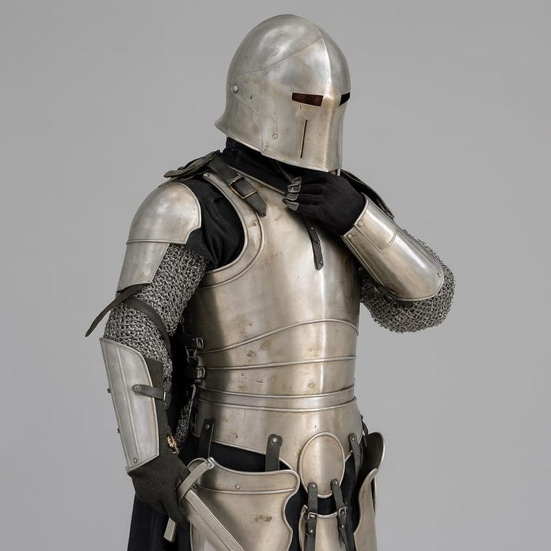 May include: A complete set of medieval armour, including a helmet, chest plate, arm guards, and chainmail. The armour is made of polished metal with intricate details. The person is wearing black gloves and a black shirt.