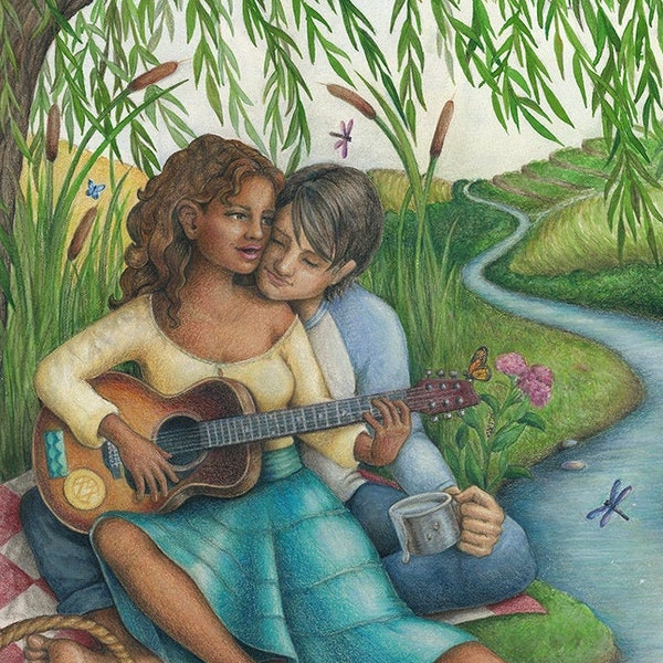 Couple picnicking by the river, the woman sings and plays guitar, romantic, card for 78 Tarot  - Art Reproduction (Print) - "River Reverie"