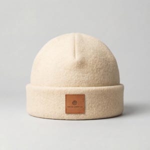 Pode incluir: Um gorro de feltro na cor creme com uma dobra na borda. Centralizado na dobra, há um emblema quadrado de couro castanho com um ícone gráfico circular acima do texto THE 90 LIFESTYLE. O gorro possui uma textura densa, lisa e arredondada.