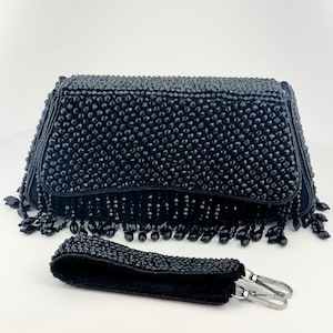Black Beaded Velvet Clutch with Crystal Fringe: Handmade Evening Bag