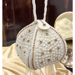 Handgemachte Perle Perlen Potli Tasche, Goldener Strass Braut Clutch