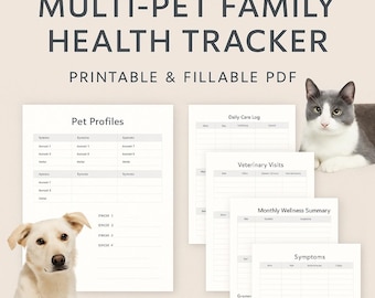 Family Health Tracker voor meerdere huisdieren | Afdrukbaar en invulbaar dierenverzorgingslogboek | Wellness, dierenartsbezoeken, pdf-dagnotities