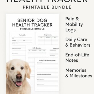 以下が含まれることがあります： 「Senior Dog Health Tracker」というタイトルの印刷可能なPDFバンドル。痛み、可動性、毎日のケア、行動、終末期のメモ、思い出のセクションがあります。ゴールデンレトリバーの写真が含まれています。