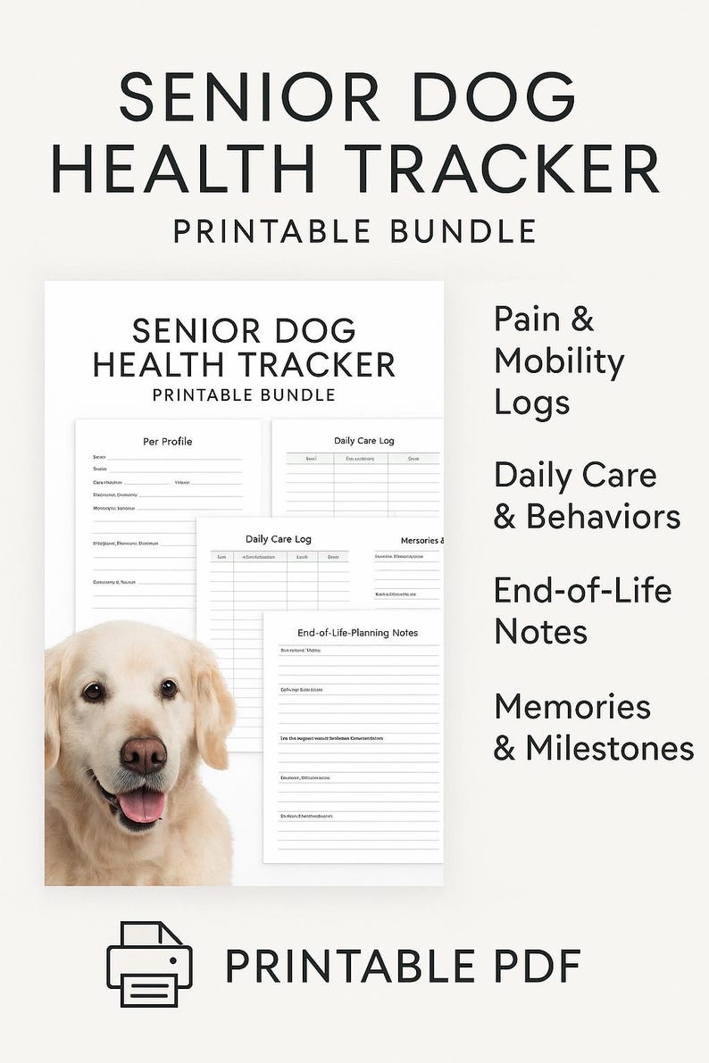 以下が含まれることがあります： 「Senior Dog Health Tracker」というタイトルの印刷可能なPDFバンドル。痛み、可動性、毎日のケア、行動、終末期のメモ、思い出のセクションがあります。ゴールデンレトリバーの写真が含まれています。