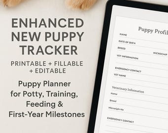 改良された新しい子犬トラッカー | 印刷可能、記入可能、編集可能なPDF | トイレ、トレーニング、給餌、1年間の節目のための子犬プランナー