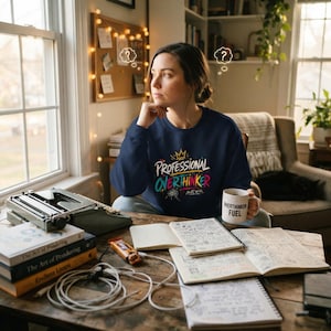 May include: A navy blue crewneck sweatshirt featuring the text Professional Overthinker in white, teal, and pink, with a small crown icon above and a brain sketch below. A white mug with the text Overthinker Fuel is held in one hand.