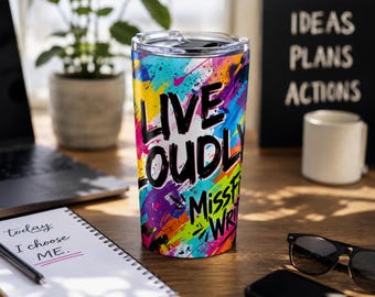 Live Loudly タンブラー 20オンス – カラフルな抽象的なペイントスプラッター ステンレススチール製トラベルカップ