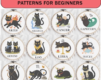 Zodiac Cat Cross Stitch Patterns: Mini Astrology Designs (PDF Download)