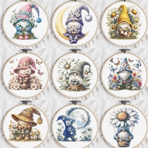 Daisy Gnome Cross Stitch Pattern Bundle: 9 Floral Designs (PDF Download