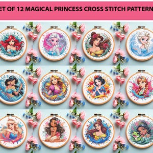 Puede incluir: Conjunto de 12 patrones de punto de cruz con princesas mágicas, cada uno en un bastidor de bordado de madera. Las princesas están ilustradas con colores brillantes y detalles florales. El texto en la parte superior dice "SET OF 12 MAGICAL PRINCESS CROSS STITCH PATTERNS."