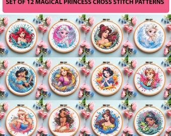 Paquete de patrones de punto de cruz de princesas / 12 gráficos PDF de retratos de fantasía / Juego de bordado de cuentos de hadas coloridos