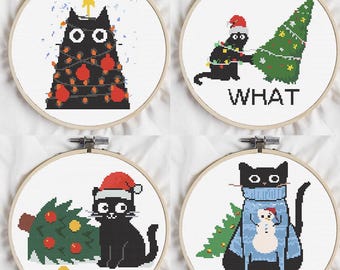 Funny Christmas Cat Cross Stitch Pattern Set: Holiday Black Cats (Digital PDF)