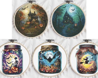 Haunted House & Witch Jar Cross Stitch Pattern Set: Spooky Halloween Decor (PDF Download