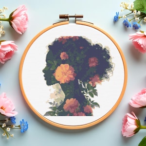 Floral Hair Woman Cross Stitch Pattern: Elegant Silhouette Embroidery (PDF Pattern
