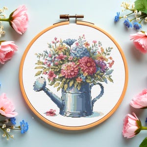 Floral Cross Stitch Pattern: Watering Can Flower Embroidery (PDF Download)