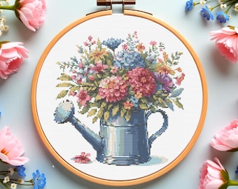 Floral Cross Stitch Pattern: Watering Can Flower Embroidery (PDF Download)