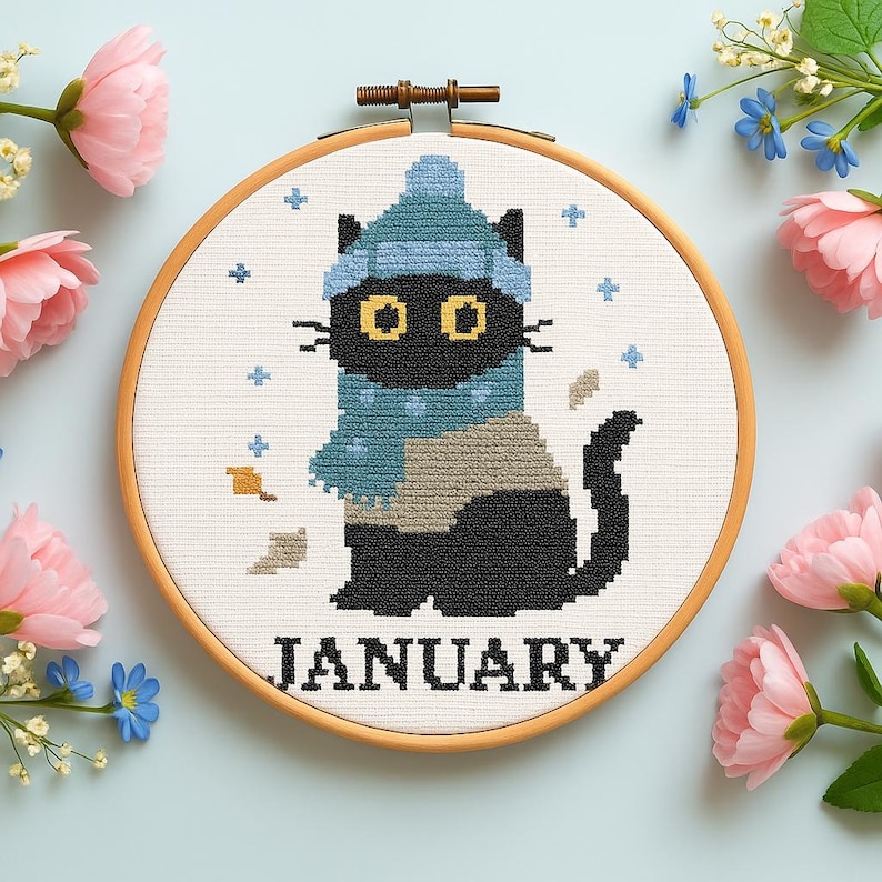 Cross stitch pattern set of 12 seasonal black cats, each in a unique monthly theme with flowers, costumes, or accessories. PDF digital download for embroidery lovers.