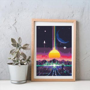 Retro Vaporwave Cross Stitch Pattern: Neon Cityscape Embroidery (PDF Pattern